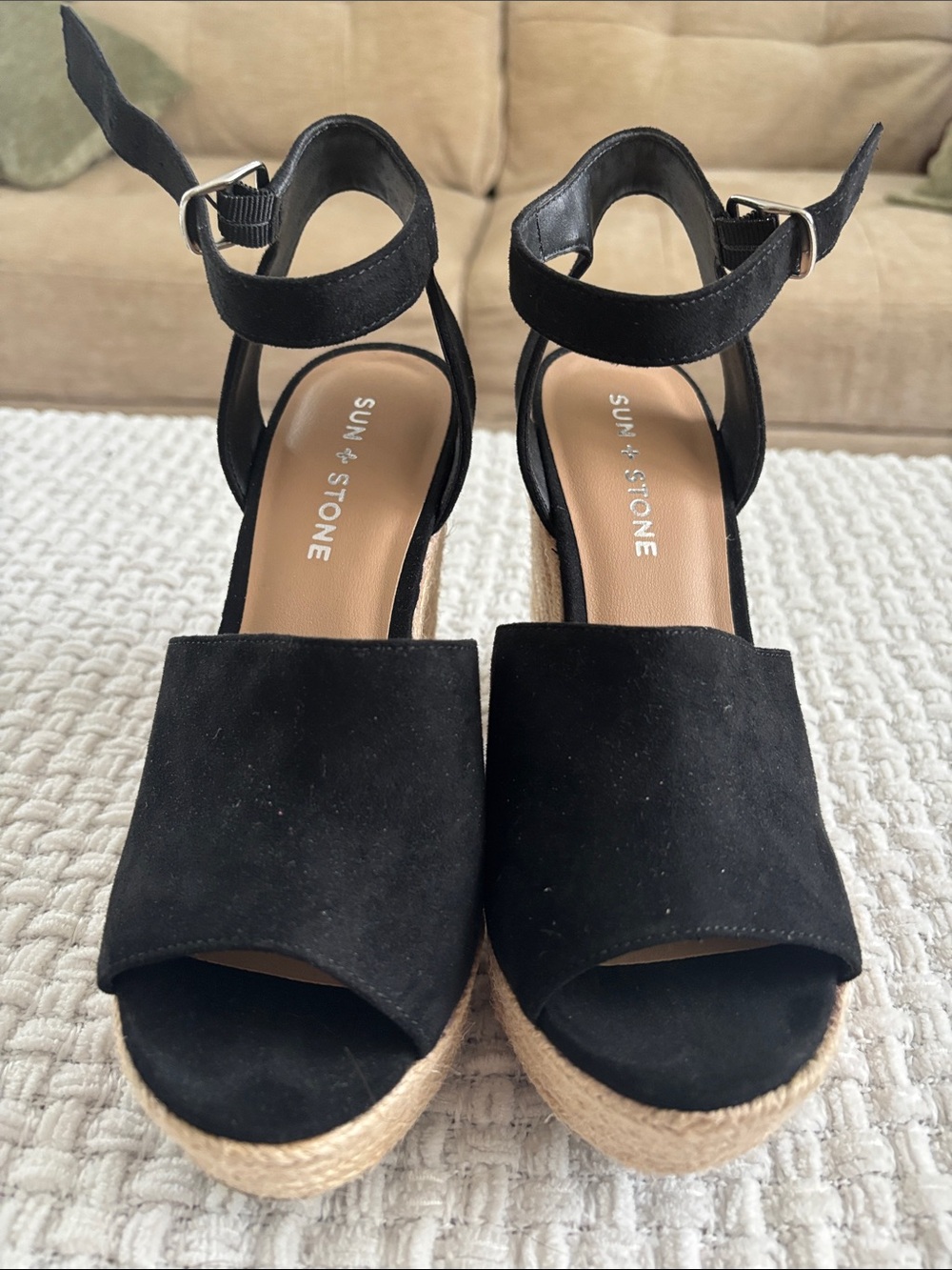 Sun + Stone Black Suede Platform Espadrille Sandals with Ankle Strap